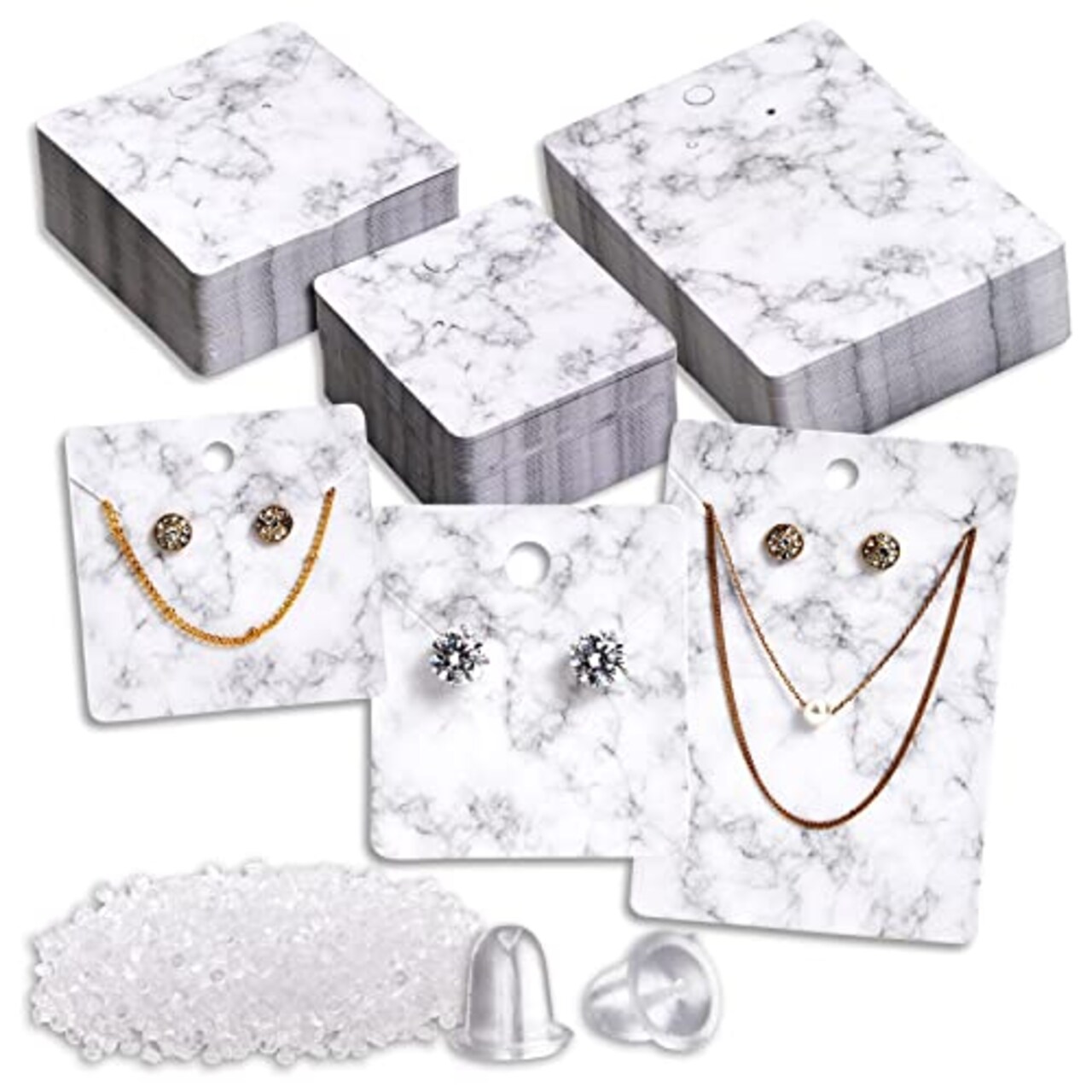 810 Pieces Earring Display Cards with Secure Back, White and Gray Necklace Display Cards for Selling, Hanging Jewelry, Retail, DIY, Marble Design (3 Sizes) Bulk Pack